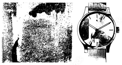 Retro style analog watch featuring halftone animal motif, minimalist dial, stylized hands, artistic timepiece, graphic vector art.