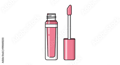 Glossy pink lip gloss bottle with its applicator, ideal for adding shine and color to lips, a key item in a beauty makeup kit.