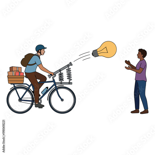 Delivery man on bicycle shares idea with standing man