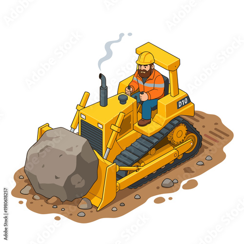 A construction worker operates a bulldozer pushing a large boulder on a dirt site outdoors.