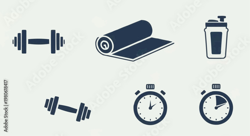 Minimalist fitness icon set with dumbbells and yoga mat, gym equipment vector collection, workout timer and protein shaker icons for health apps