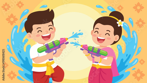 happy children playing water splash with water guns songkran festival illustration