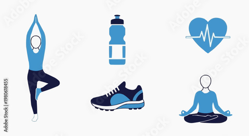 Fitness and wellness icon set, blue yoga and meditation vector illustrations, healthy lifestyle symbols with running shoe and water bottle
