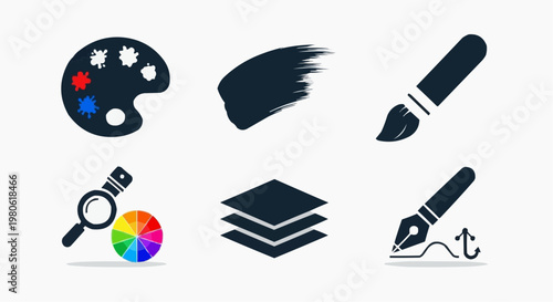 Graphic design icon set, creative art studio tools collection, vector illustration of paint palette, brush stroke, layers and fountain pen