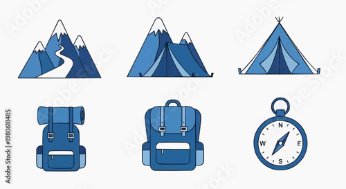 Camping and hiking icons set, blue flat vector illustration of mountain peaks, outdoor adventure gear with backpack and tent, 6 travel elements
