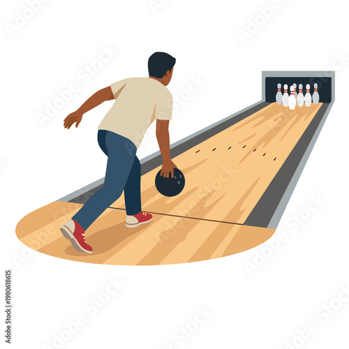 Man bowling on a wooden lane with pins in a recreational setting indoors