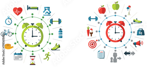 Healthy Lifestyle and Daily Routine Concept with Alarm Clocks, Fitness, Nutrition, and Time Management Icons in Modern Flat Vector Illustration