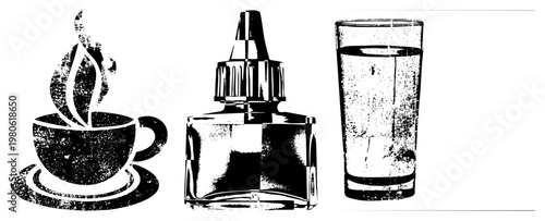 Black and white halftone vector coffee cup with, ink bottle, water glass with ice. Classic graphic design elements for print or digital use.