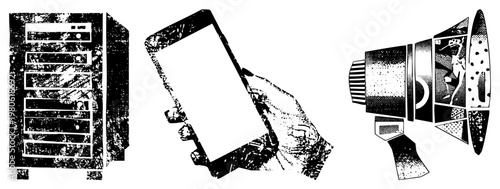 Digital device in hand, server rack, megaphone, tech communication, digital age symbols, modern connectivity, data broadcasting, communication tools.