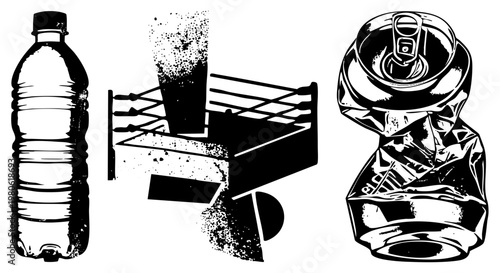 Plastic water bottle, soda can with pull tab, and glass with fizzy splash, rendered in bold black and white vector art with halftone texture.