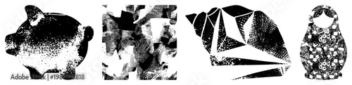 Stylized halftone illustrations including piggy bank, abstract form,, and Russian doll, vector art with dot textures, isolated foreground elements.