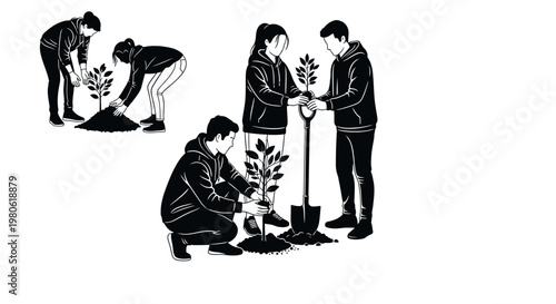 Group of young people planting trees together in a community gardening project.