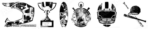 Classic athletic equipment symbols, including helmet, trophy, surfboard, stopwatch, catcher’s mask, and baseball bat, rendered in gritty halftone style.
