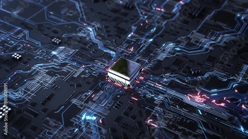 Advanced Microchip Technology Close Up processor microchip mounted on circuit board flowing data lines. electronics manufacturing, semiconductor industry, innovation branding, high tech corporate