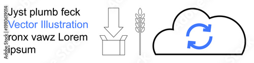 Cloud storage, shipping, agriculture, data sync, digital services, supply chain. Icons include a cloud with sync symbol, an arrow in a box and a wheat stalk. Cloud storage and shipping visualization