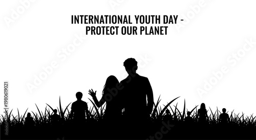 Silhouette of diverse group of young people standing together in grass.