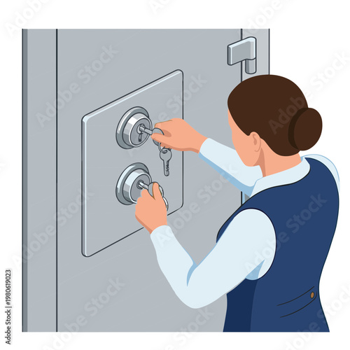 Woman inserting key into safe lock on metal door with handle