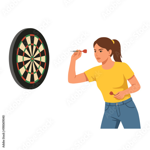 Woman throws dart at target board in casual indoor setting with focus