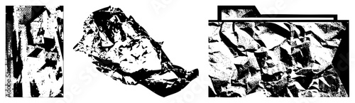 Textured foil wrapper, crinkled metal surface, food packaging material, kitchen wrap, silver wrapper, culinary wrap, halftone graphic design.