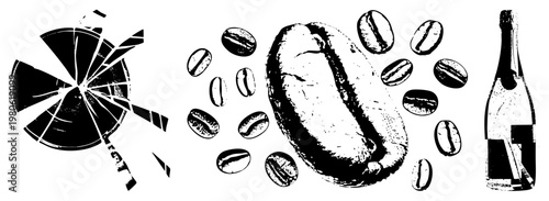 Coffee beans scattered around a cracked clock face, champagne bottle beside, halftone style, isolated elements, beverage set, graphic design assets.