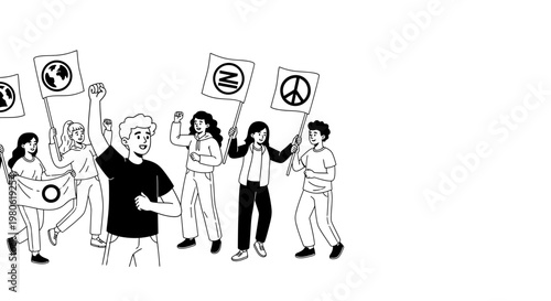 Diverse group of young people participating in a peaceful protest demonstration.