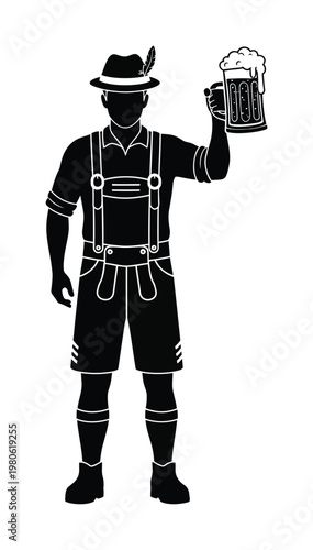 Vector of a man in traditional bavarian lederhosen holding a mug of frothy beer