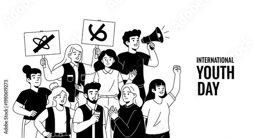 Group of diverse young people participating in a protest for International Youth Day.