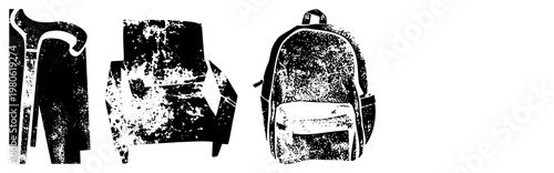 Distressed black and white vector of outerwear, lounge furniture, and school bag, halftone gritty aesthetic, minimalist urban design elements.