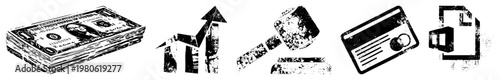 Stylized financial symbols including money stack, upward trend graph, auction hammer, credit card, and document, rendered in distressed black and white vector art.
