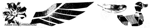 Stylized including bloom, dynamic wings, textured feather, and geometric duck mosaic flat vector art with halftone grain, isolated design elements.