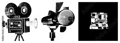 Retro film camera on, studio microphone with grid, laptop with glitch effect, all in distressed halftone style, vector.