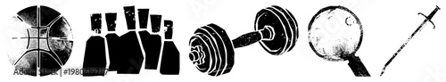 Set of five bold black basketball with, clenched fists, dumbbell weights, magnifying glass, sword blade. Vector glyph style, halftone texture, isolated foreground elements.