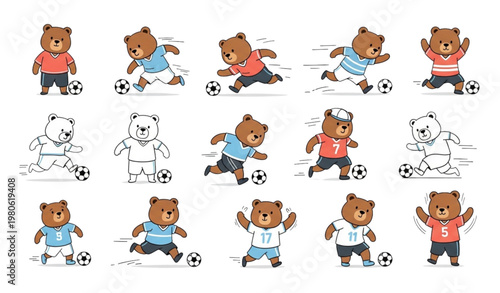 Minimal Cartoon Bear Football Players Vector Set Simple Cute Animal Characters