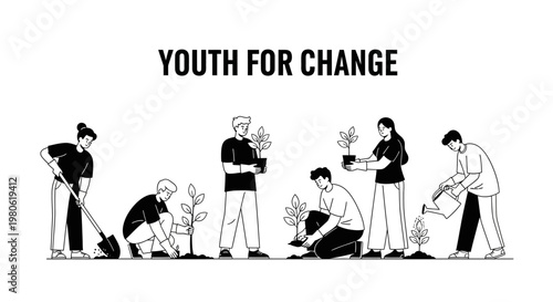 Young people planting trees and working together for environmental conservation.