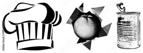Black and white vector chef’s toque, halftone citrus, and textured can with opener. Minimalist food and kitchen symbols for design.