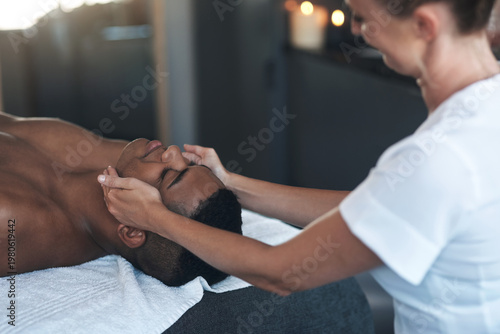Принти на полотні Relax, therapist or man with face massage in spa, skincare treatment or circulation benefits for wellness