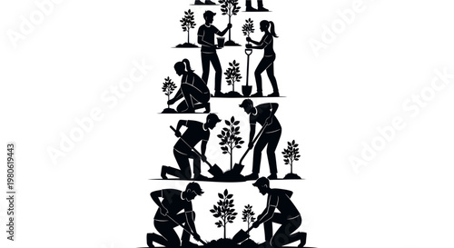 Black and white illustration of volunteers planting trees in a forest restoration project.