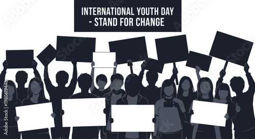 Silhouette of a diverse group of young people protesting and holding blank signs.