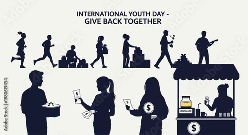 International Youth Day silhouette illustration of community service and giving back together.
