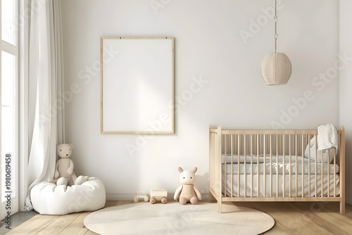 Minimalist Scandinavian nursery with natural wood crib, blank poster, plush toys in light, airy setting.