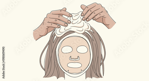Hands applying a nourishing hair mask to a person wearing a sheet mask, illustrating a comprehensive self-care and beauty treatment routine.