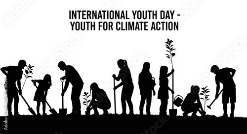 Silhouettes of young people planting trees for climate action.