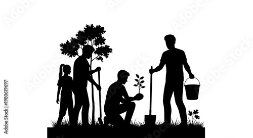 Silhouette of a family planting trees together in a garden.