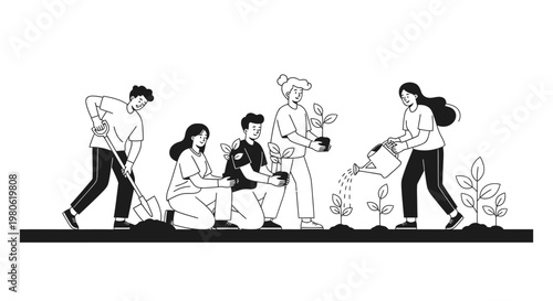 Group of volunteers planting and watering young trees in the garden.