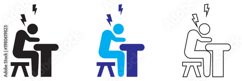 Low Battery Tired Person Icon. Simple vector illustration of three seated figures at desks with lightning symbols, representing stress, discomfort, and posture differences in a minimal style.
