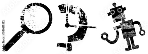 Stylized symbols magnifier for search, analog clock for time, retro robot for automation. Textured vector graphics with distressed effects.