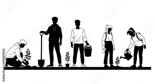 Group of volunteers planting trees in a community garden illustration.