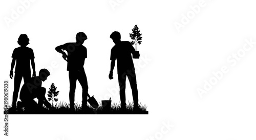 Silhouette illustration of a group of volunteers planting young trees together in a garden.