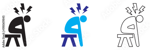 Low Battery Tired Person Icon. Simple vector illustration of three seated figures at desks with lightning symbols, representing stress, discomfort, and posture differences in a minimal style.