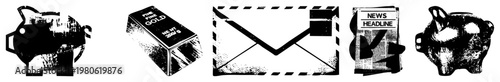 Black and white financial symbols including piggy bank, gold bar, envelope, and newspaper, vector for money, savings, and news.